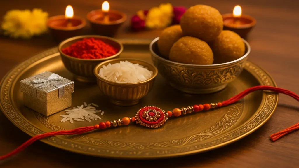 Rakshabandhan Festival 2025 – भाई की कलाई पर राखी बांधती एक पारंपरिक भारतीय बहन, त्यौहार की खुशी और प्यार को दर्शाते हुए
