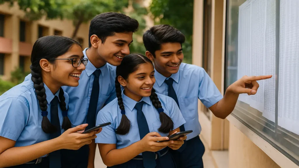 CBSE Compartment Result 2025 बच्चे स्कूल में अपना रिजल्ट चेक करते हुए – परीक्षा परिणाम देखने की खुशी