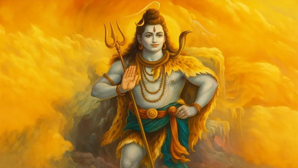 भगवान शिव का दिव्य स्वरूप त्रिशूल और नाग के साथ, स्वर्णिम आकाश और पर्वत पृष्ठभूमि में खड़े हुए