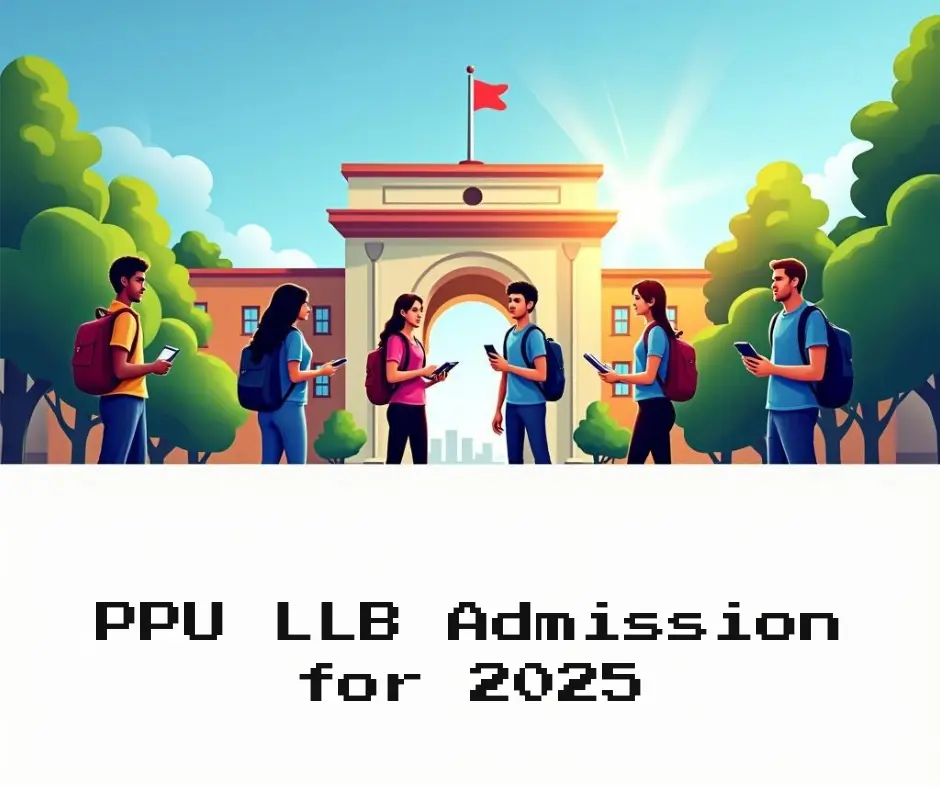 Group of Indian students standing outside Patliputra University campus gate, holding application forms and backpacks, promoting PPU LLB Admission 2025 in a bright sunny day.