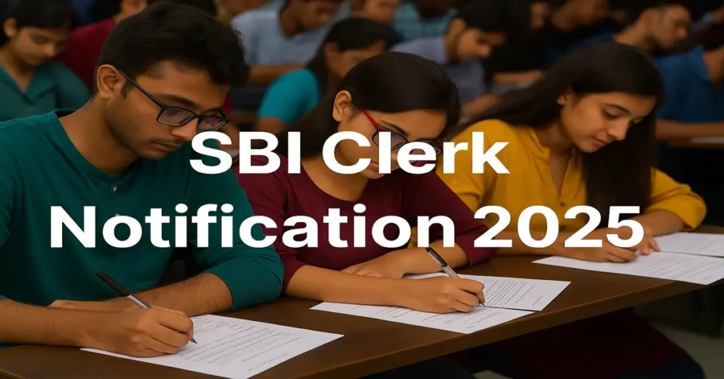 tudents filling out application forms for SBI Clerk Recruitment 2025 exam in a classroom setting