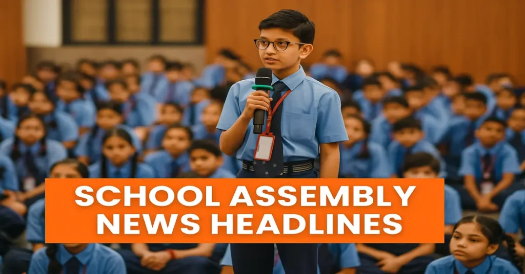 School assembly news headlines with students gathered during morning prayer in school uniform