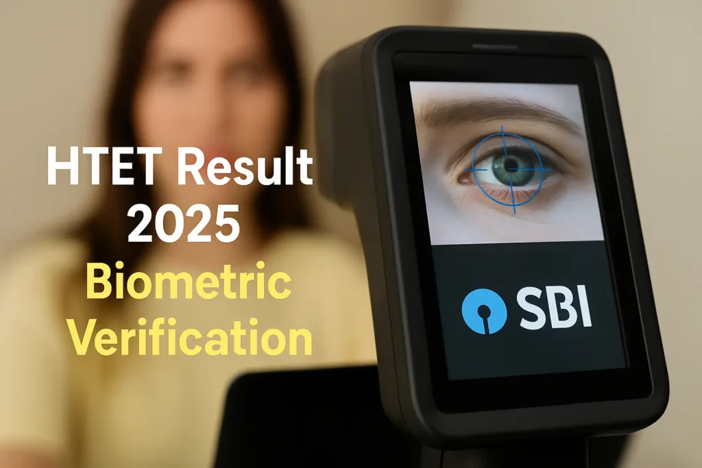 HTET Result 2025 biometric verification process with eye scan illustration and exam update banner.